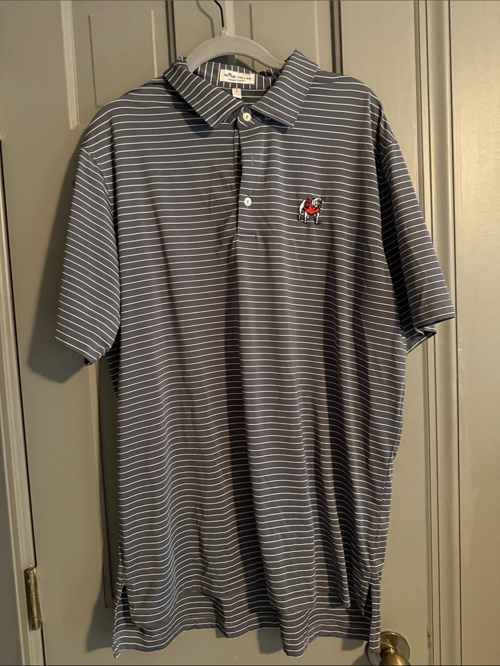 Peter Millar Grat and White Striped UGA Polo Shirt